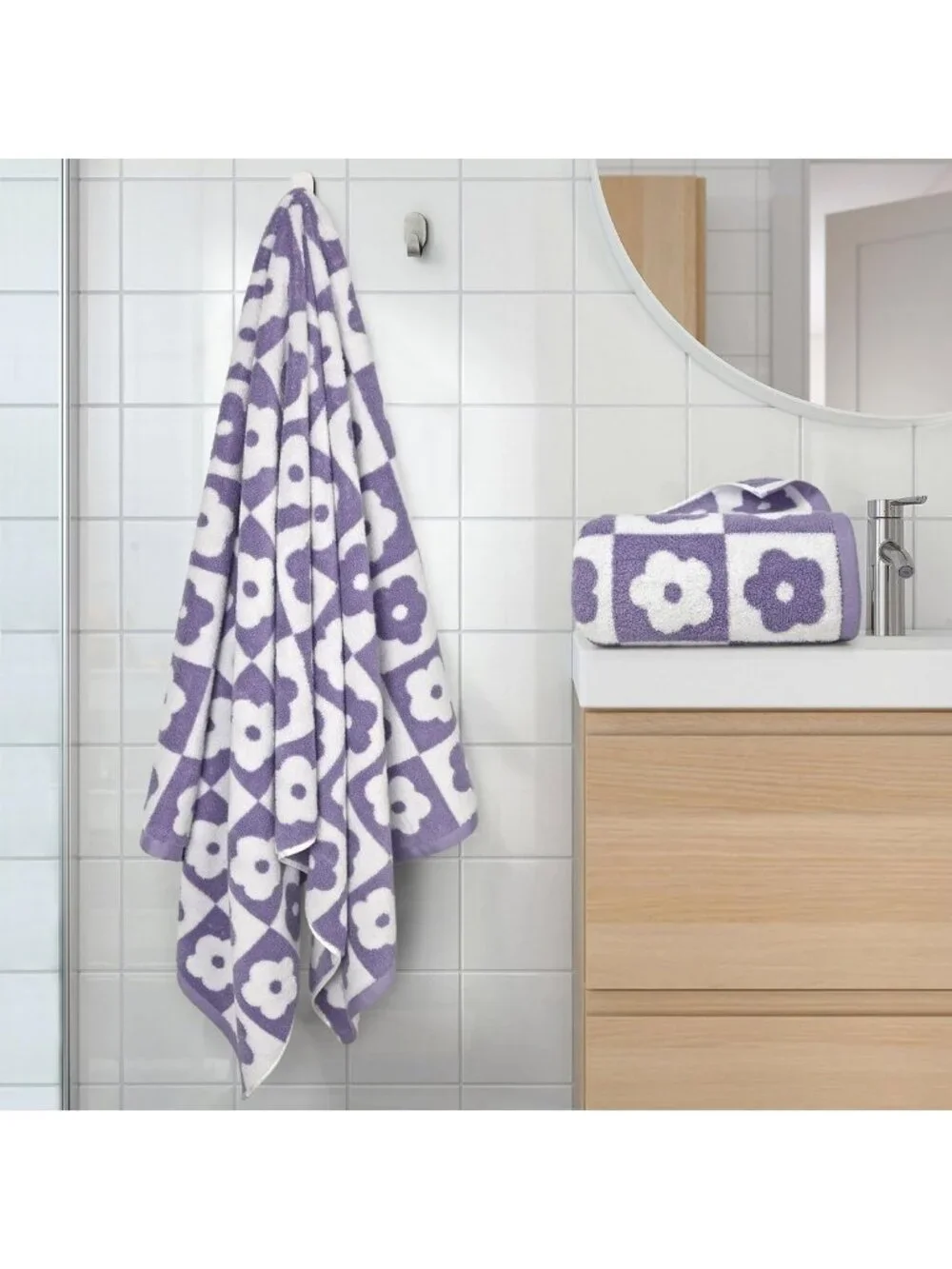 Luxury Checkered Floral Bath Towels Set - Soft Purple Towels for Women & Girls